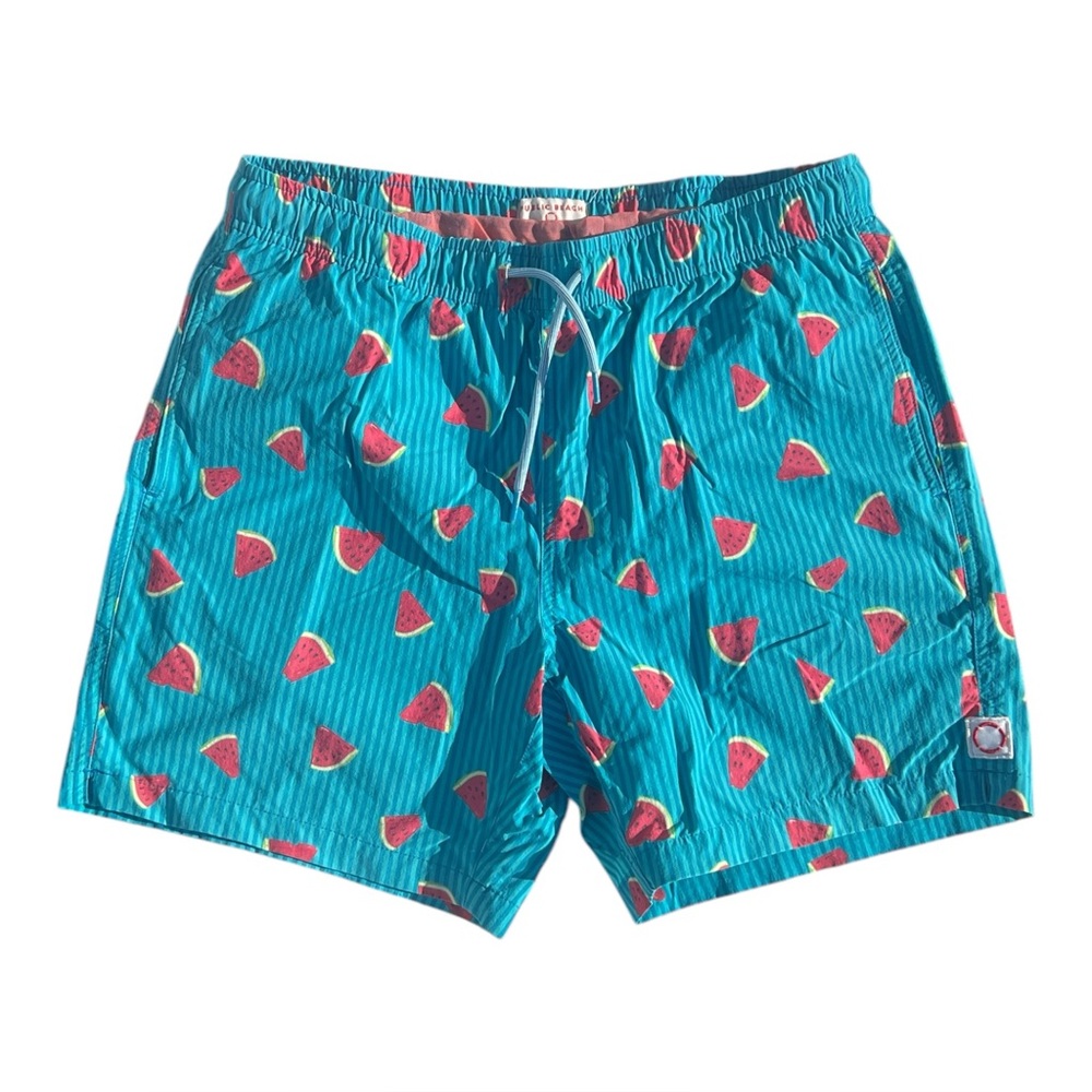 Public Beach Mens Watermelon Print Elastic‎ Waist Drawstring SwimShorts, Size M